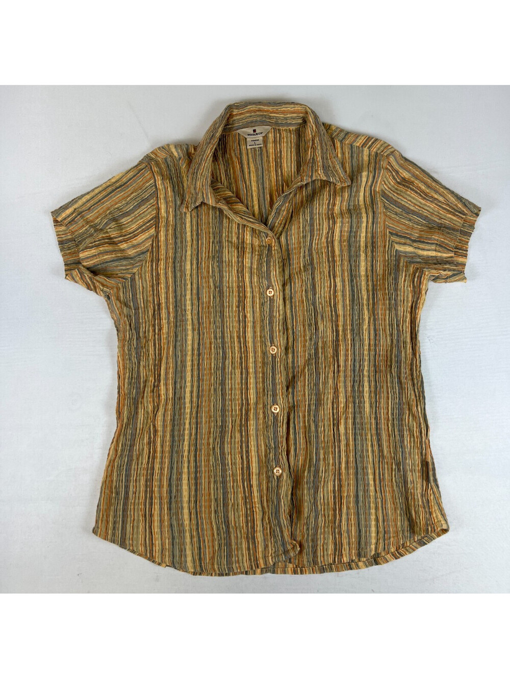 Woolrich Women L Short Sleeve Button Down Shirt Multi Stripe Crinkle Cotton